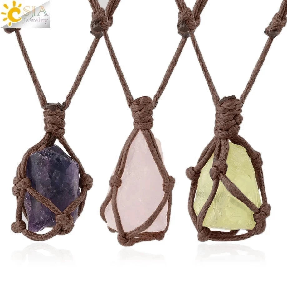 CSJA Healing Crystals Necklace Stone Gem Natural Stone Pendant Rope Wrap Necklace for Women Amethysts Rose Crystal Quartzs G317