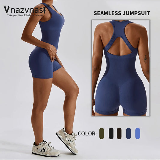 Vnazvnasi Seamless Ribbed Yoga Jumpsuit Women Gym Set Sport Suits for Fitness Push Up Bodysuit Workout Clothes Sportswear Outfit