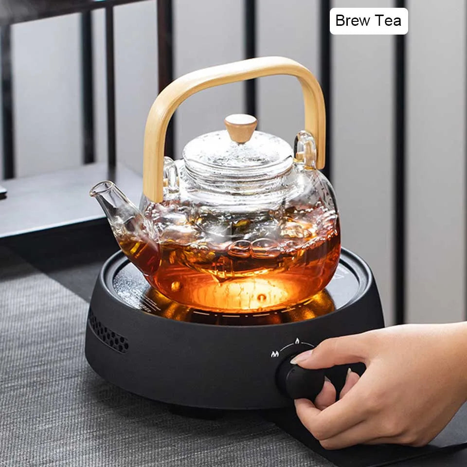 Handle Glass Tea pot Heat-Resistant Teapot Flower Tea Kettle Large Clear Fruit Juice Container Ceramic Teapot Holder Base