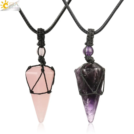 CSJA Natural Stone Crystals Necklace Pendants Roses Crystal Quartz Black Rope Wrap Amethysts Necklace for Men Lapis Lazuli G173