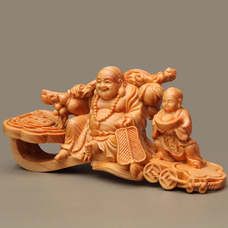 Solid Wood Carving God of Wealth Maitreya Statuette ,Thuja wood  Hand-carved Home desktop character lucky statue