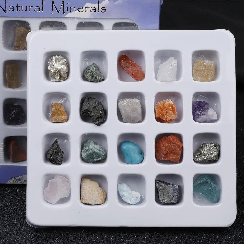 20pcs/Set Raw Crystals Random Natural Stones fossil Box Minerals Fluorite Specimen For Education Mixed Primitive Rock Home Decor