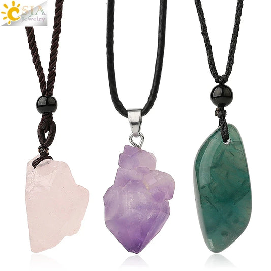 CSJA Irregular Natural Healing Stone Necklace Pendants Pink Quartz Fluorite Rose Crystals Pendant  for Women Men Jewelry G522