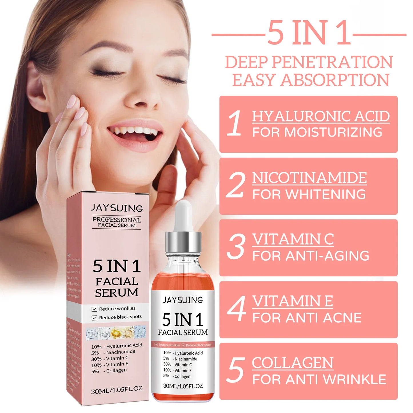 5 In 1 Face Serum Hyaluronic Acid Moisturizing Whitening Anti Wrinkle Aging Vitamin C Fade spots Shrink Pores Skin Care 30ml