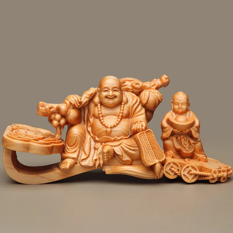 Solid Wood Carving God of Wealth Maitreya Statuette ,Thuja wood  Hand-carved Home desktop character lucky statue