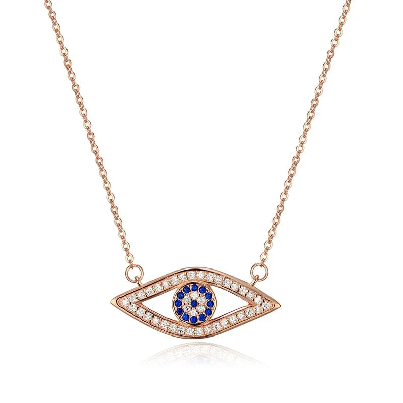 Kaletine Long Chain Necklace Full CZ Solid 925 Sterling Silver Evil Eye Hamsa Blue Crystals Womens Pendant Necklace Gold Jewelry