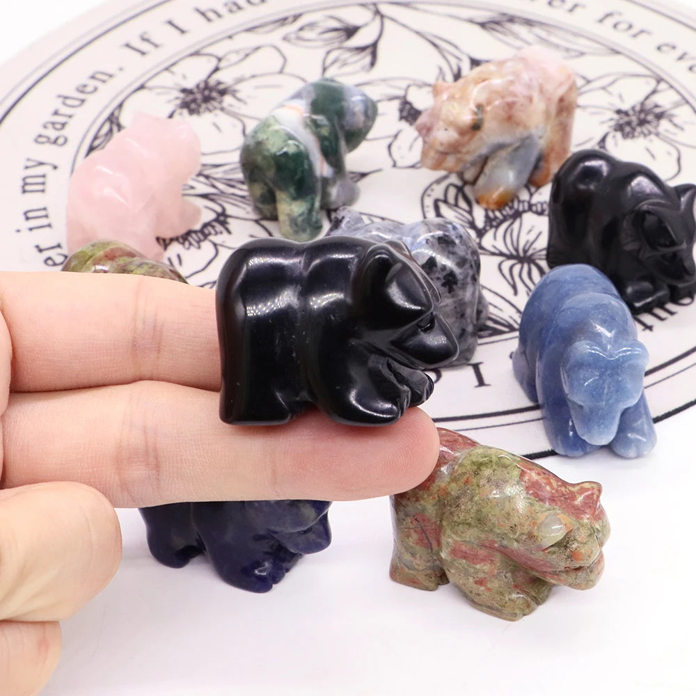 1.5" Bear Statue Reiki Healing Crystal Natural Stone Quartz Hand Carved Gemstone Home Decoration Animal Figurine Ornament Gifts