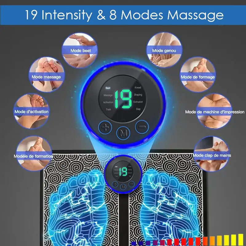 EMS Pulse Foot Massger Sole Massage Pad Feet Muscle Stimulation 8 Modes 19 Level Relaxation USB Charging