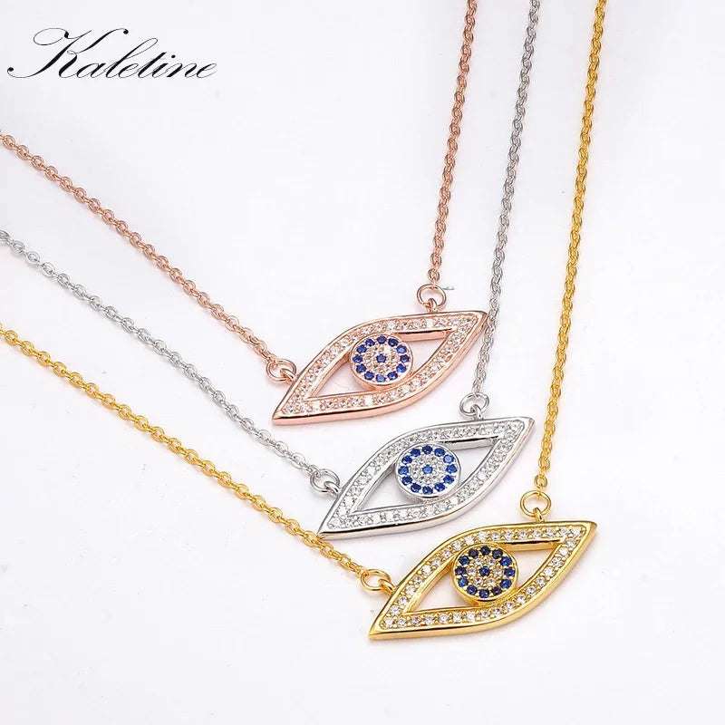 Kaletine Long Chain Necklace Full CZ Solid 925 Sterling Silver Evil Eye Hamsa Blue Crystals Womens Pendant Necklace Gold Jewelry